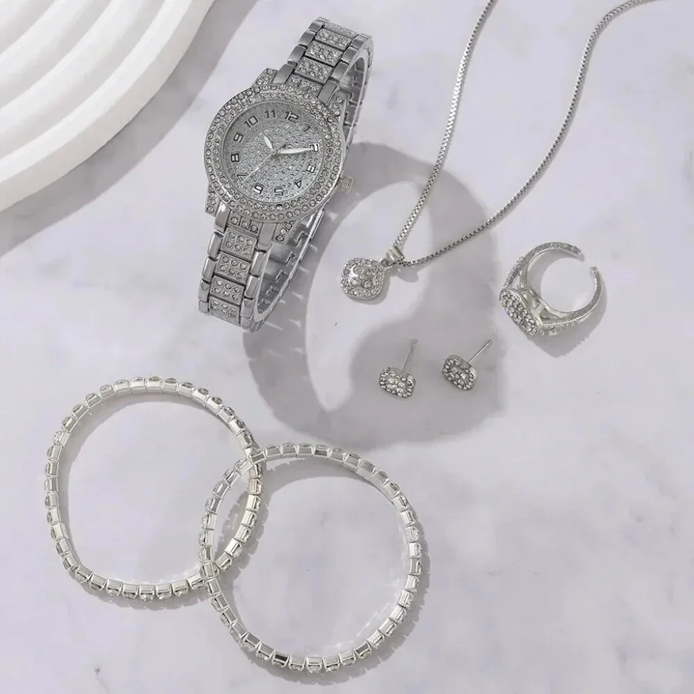 6PCS Women Jewelry Set - Luxury Elegant Alloy Crystal Wristwatch Dubai Style